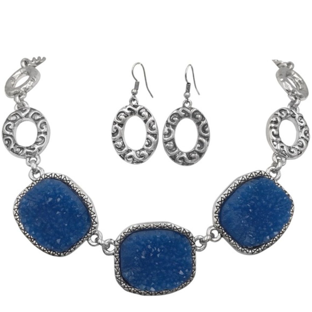 Blue Druzy Chunky Swirl Necklace Earrings Set